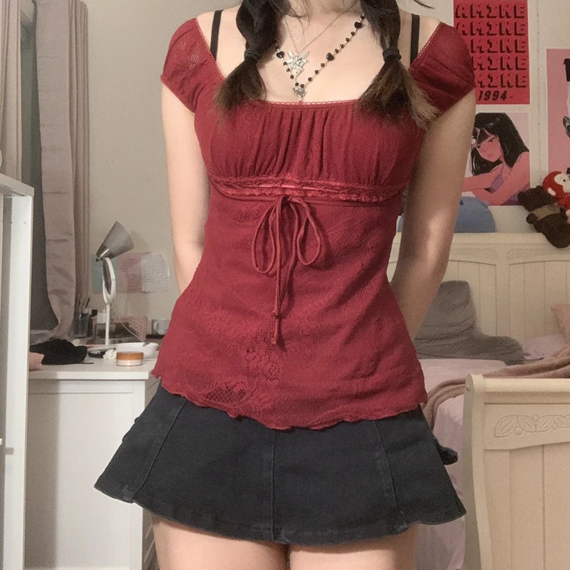 Square Collar T-shirt Bow Short Sleeve