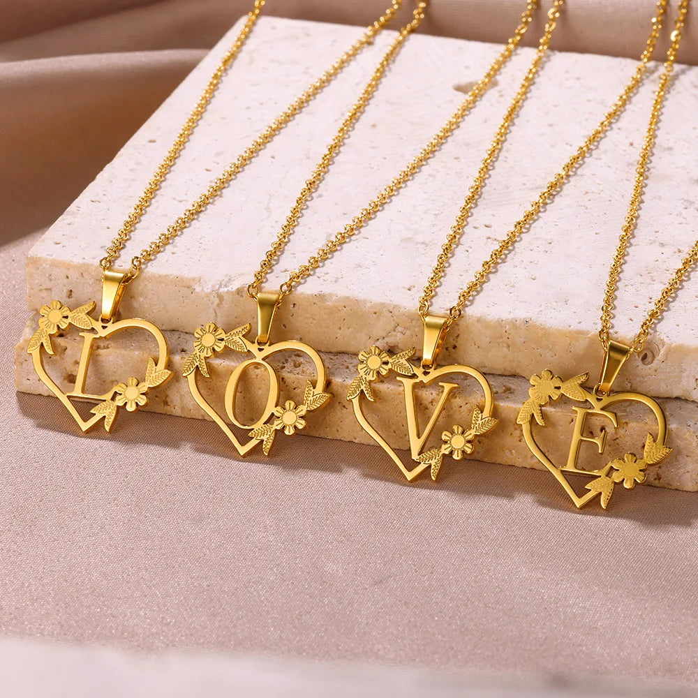 Gold Color Dainty Flower Initials Necklace